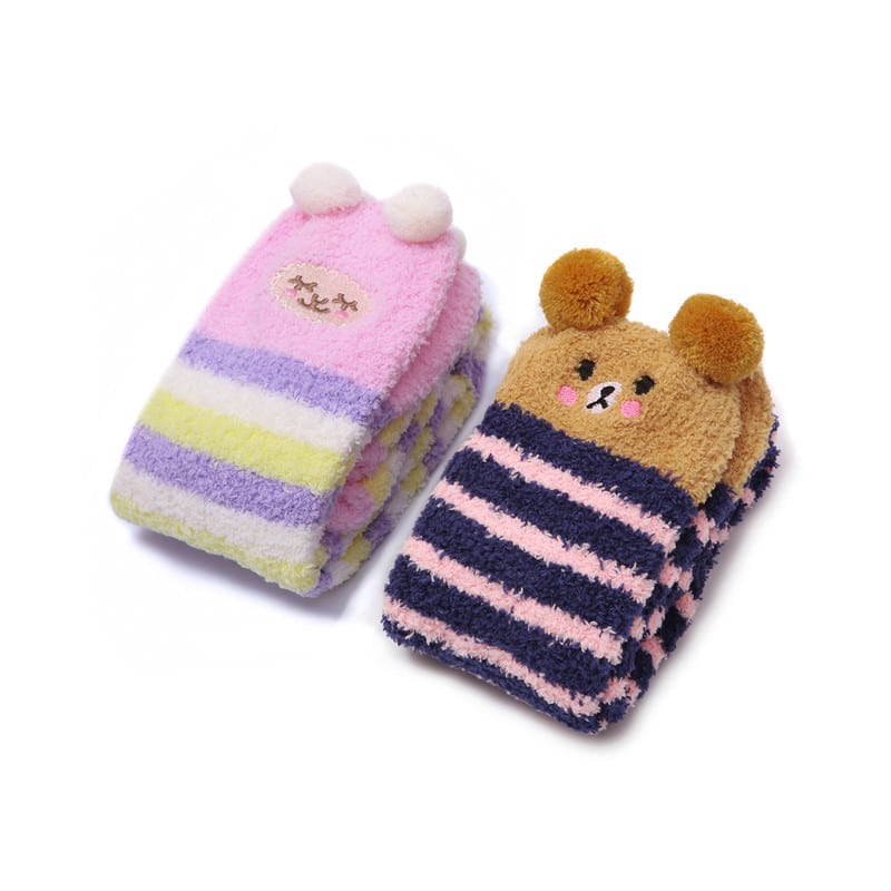 Cute Animal Coral Fleece Dotted/Striped Calf Socks 2 Pairs-Shy Sheep&Dark Blue Bear - LittleForBig Cute & Sexy Products