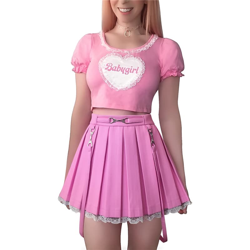 leather pleated skirt pink